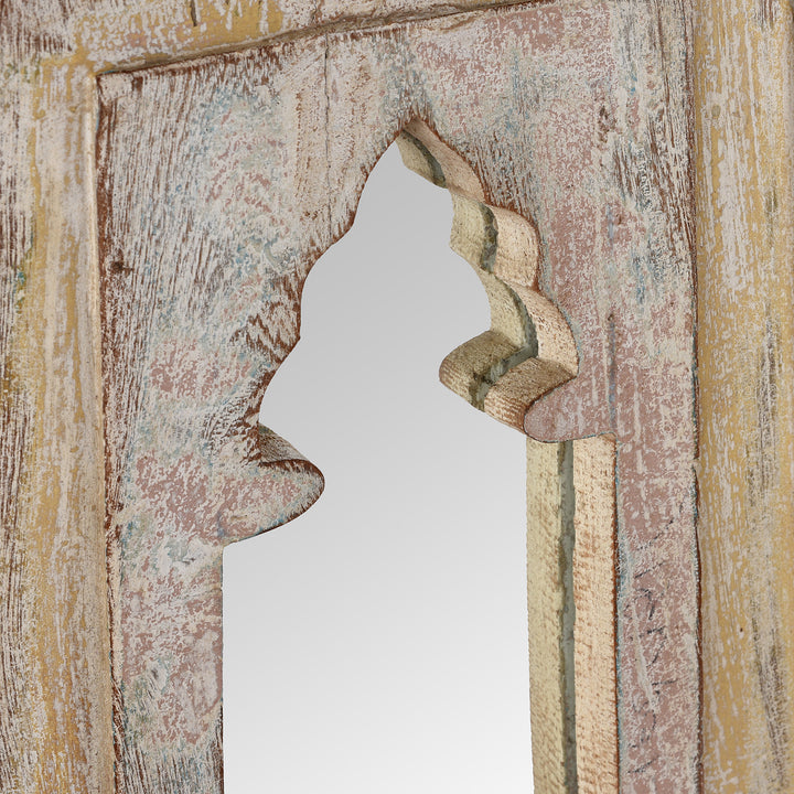Angled View Of Antique Small Indian Mirror Made From Old Teak Mihrab Panel - 19th Century | Indigo Antiques