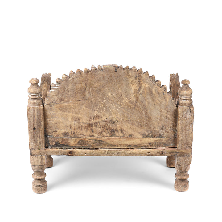 Back Of Vintage Teak Singhasan With Carved Horse Heads - Ca 1950's | indigo Antiques