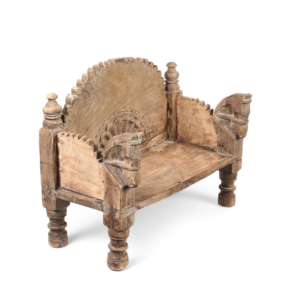 Vintage Teak Singhasan With Carved Horse Heads - Ca 1950's | indigo Antiques