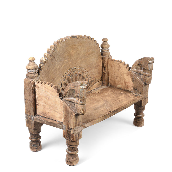 Vintage Teak Singhasan With Carved Horse Heads - Ca 1950's | indigo Antiques