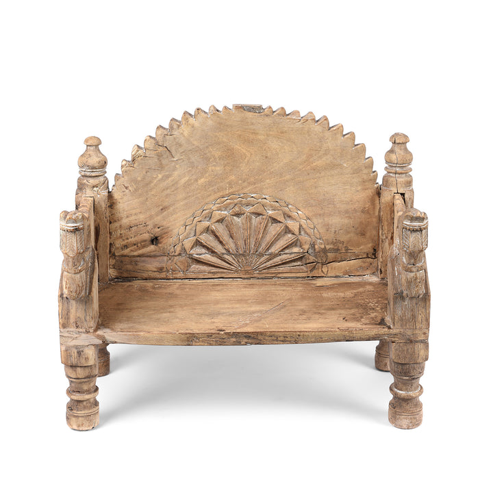 Frontal View of Vintage Teak Singhasan With Carved Horse Heads - Ca 1950's | indigo Antiques