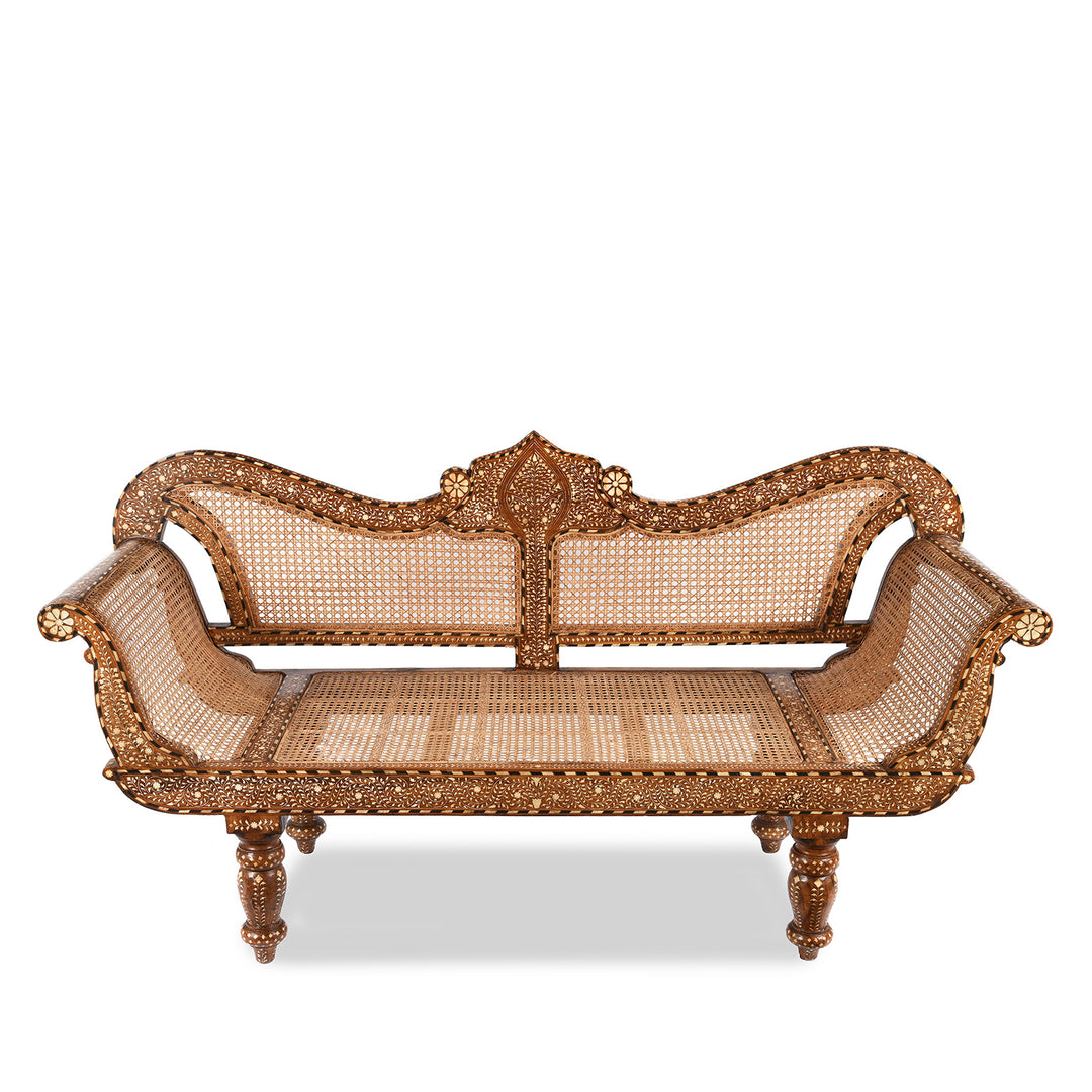 Antique Anglo Indian Caned Teak Sofa - Early 20thC With Later Bone Inlay Work | Indigo Antiques