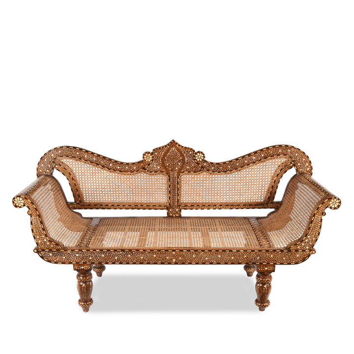 Antique Anglo Indian Caned Teak Sofa - Early 20thC With Later Bone Inlay Work | Indigo Antiques