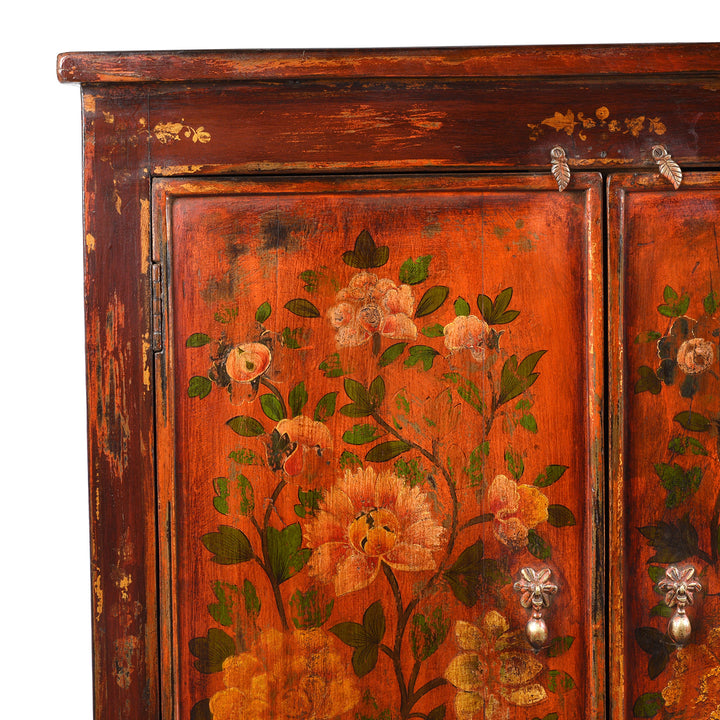Corner Detail From Painted Reproduction Tibetan Cabinet | Indigo Antiques