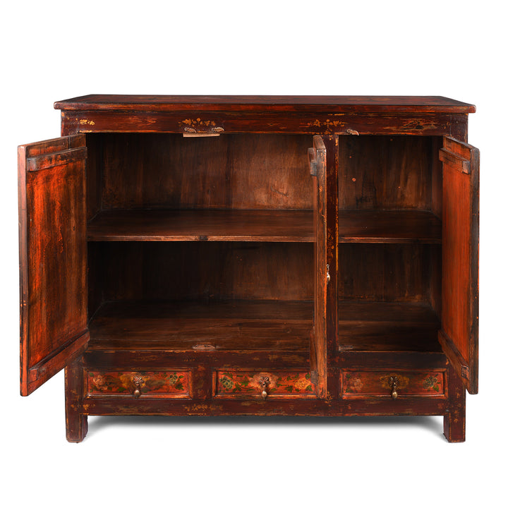 Open Doors View Of Painted Reproduction Tibetan Cabinet | Indigo Antiques