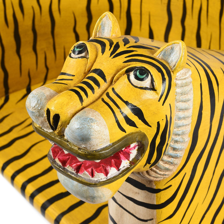 Face Detail From Painted Tiger Chair Made From Reclaimed Teakwood | Indigo Antiques