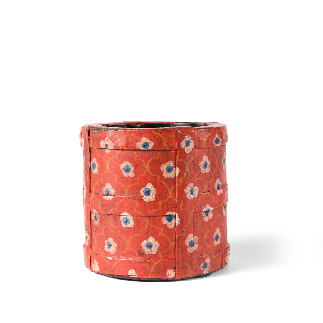 Detail of a Red Hand Painted Wooden Grain Measure Pencil Pot | Indigo Antiques