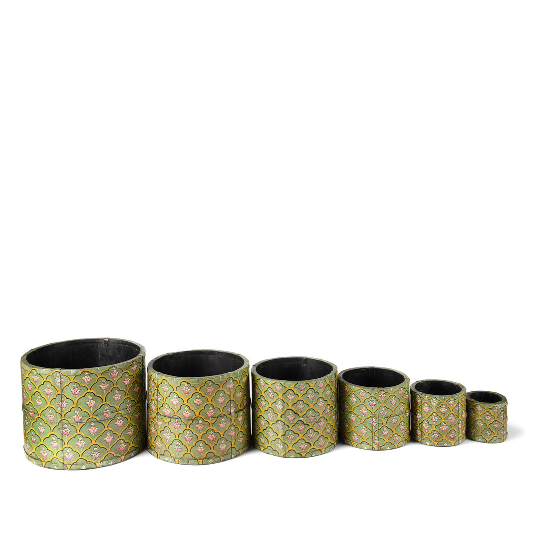 Full set of stackable Floral Green Hand Painted Wooden Grain Measure Pencil Pots and planters | Indigo Antiques