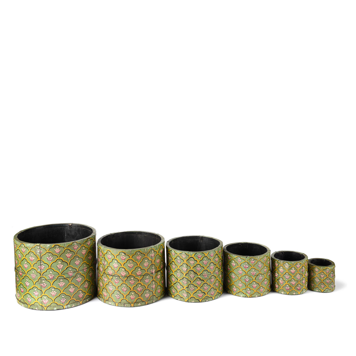 Full set of stackable Floral Green Hand Painted Wooden Grain Measure Pencil Pots and planters | Indigo Antiques