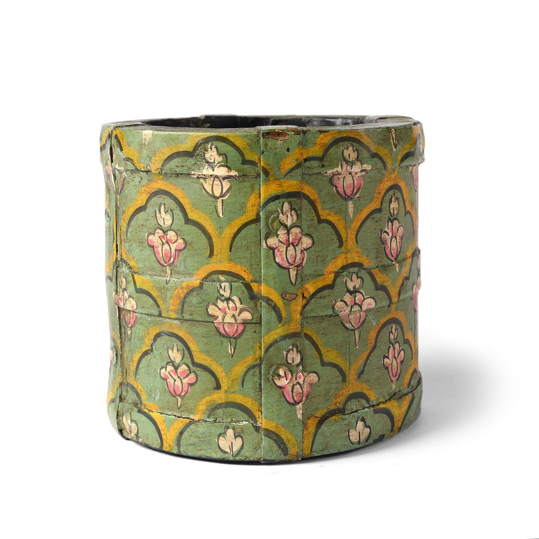 Detail of a Floral Green Hand Painted Wooden Grain Measure Pencil Pot | Indigo Antiques