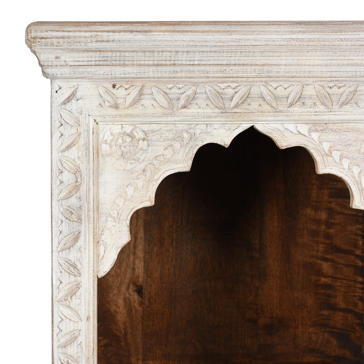 Carving detail From Limed Mango Wood Display Shelf From Rajasthan | Indigo Antiques