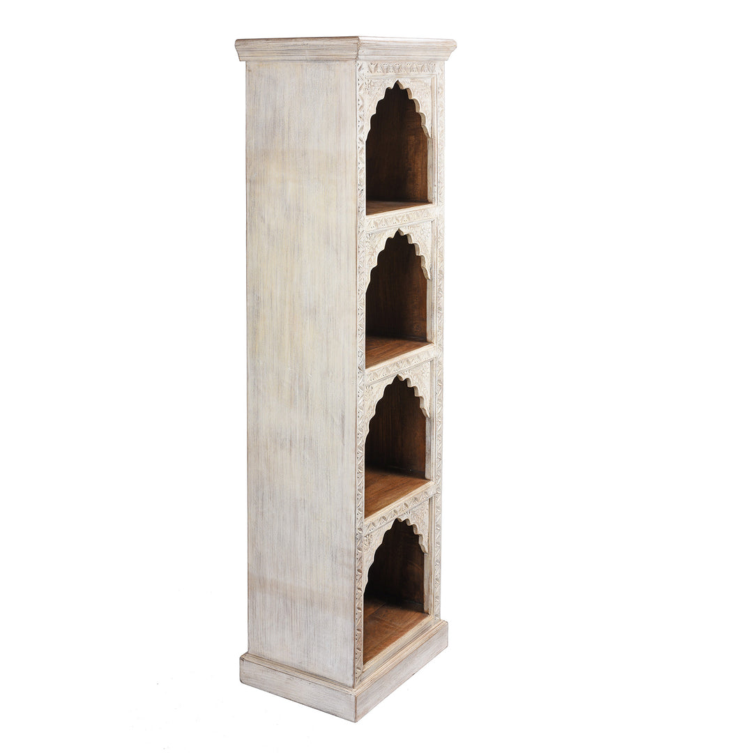 Angled View Of Limed Mango Wood Display Shelf From Rajasthan | Indigo Antiques