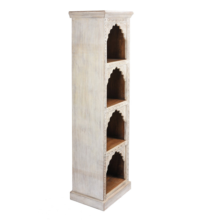 Angled View Of Limed Mango Wood Display Shelf From Rajasthan | Indigo Antiques