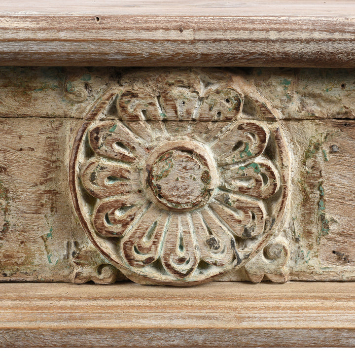 Carving Detail From Indian Takhat Coffee Table Made From Reclaimed Teak | Indigo Antiques