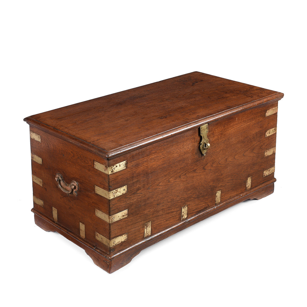 Angled View Of Antique Brass Bound Teak Chest - 19th Century - From Rajasthan | Indigo Antiques