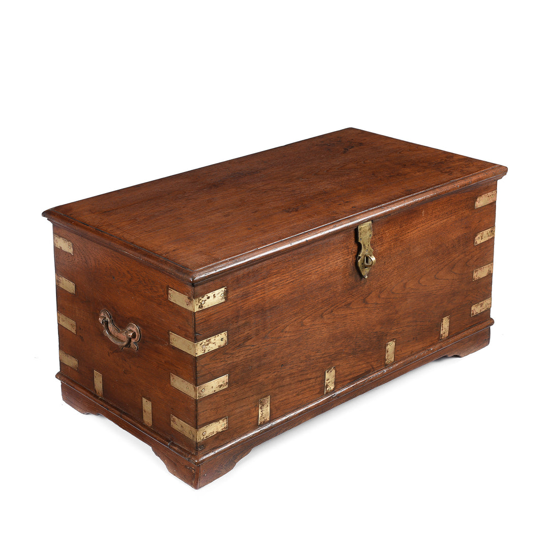 Angled View Of Antique Brass Bound Teak Chest - 19th Century - From Rajasthan | Indigo Antiques