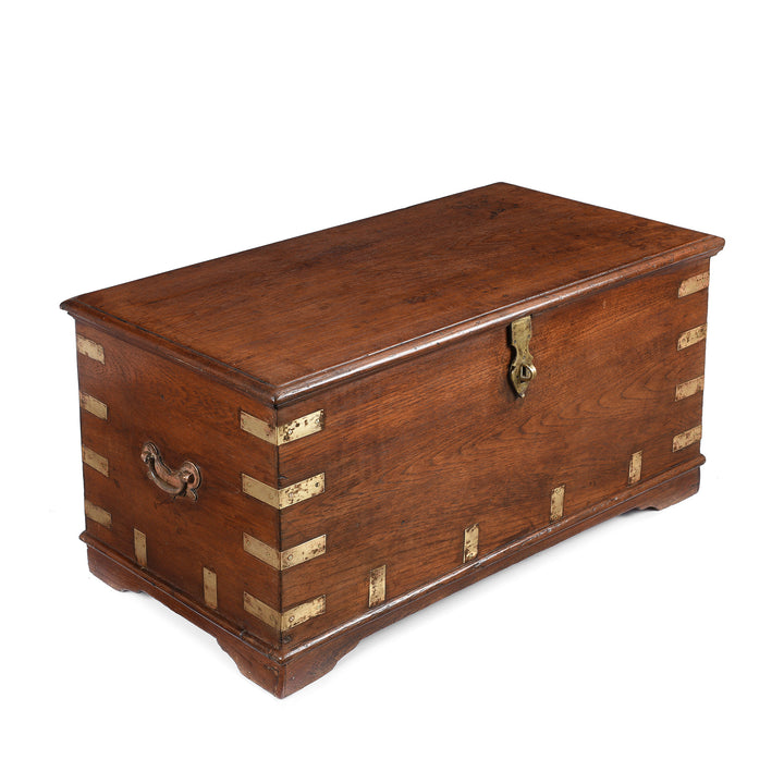 Angled View Of Antique Brass Bound Teak Chest - 19th Century - From Rajasthan | Indigo Antiques