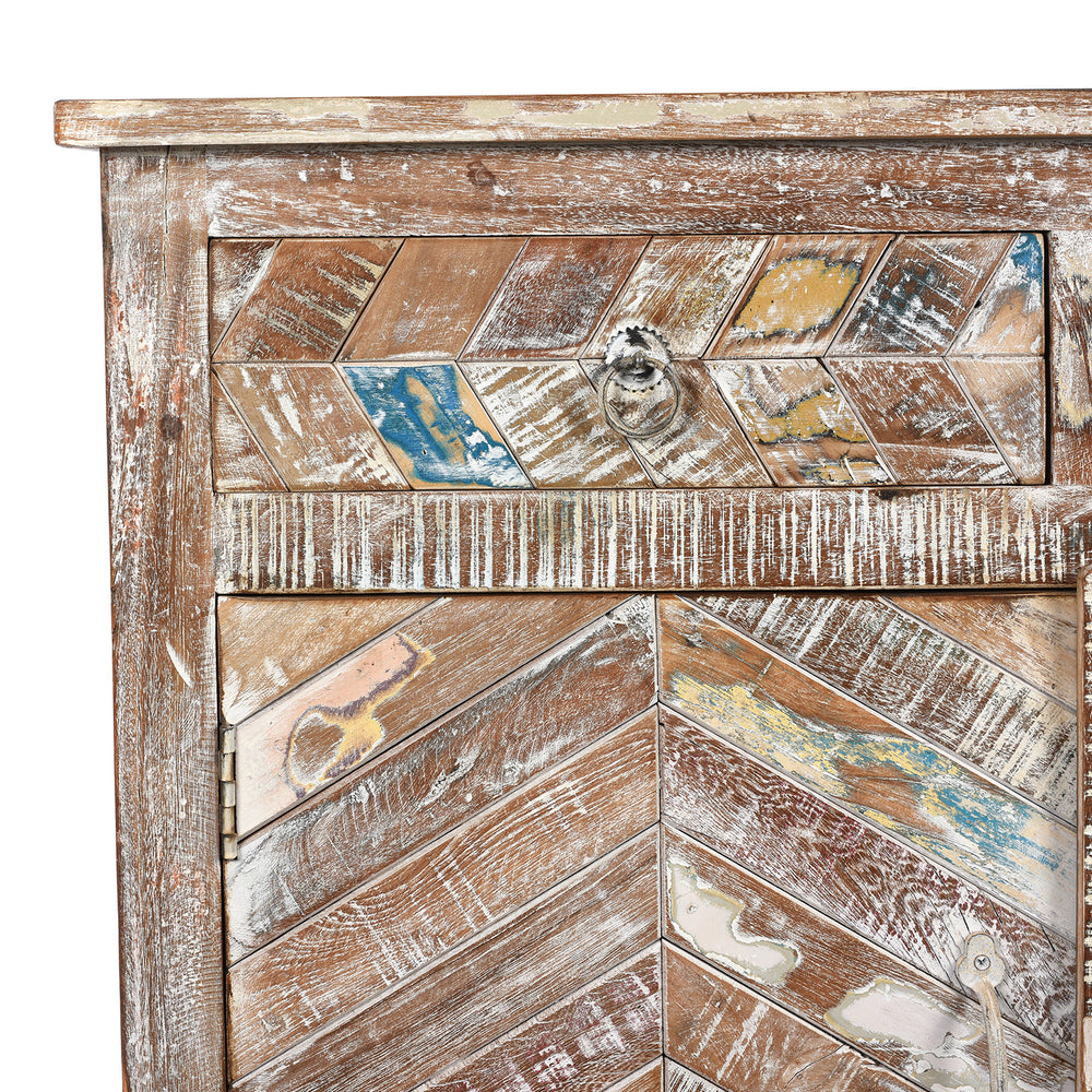 Corner Detail From Antique Reclaimed 3 Door Teak Sideboard With Original Paint | Indigo Antiques