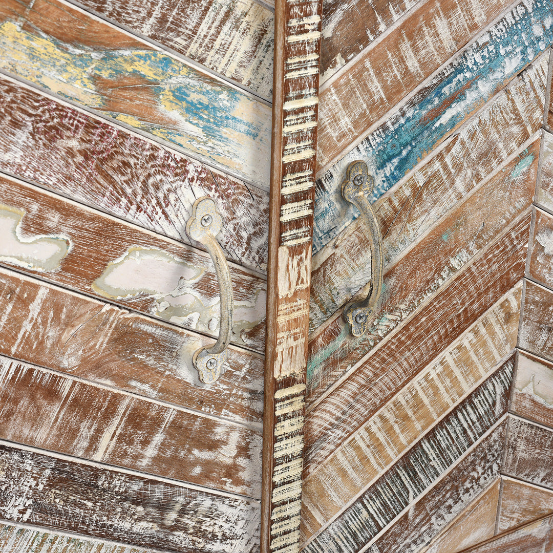 Handles Detail From Antique Reclaimed 3 Door Teak Sideboard With Original Paint | Indigo Antiques