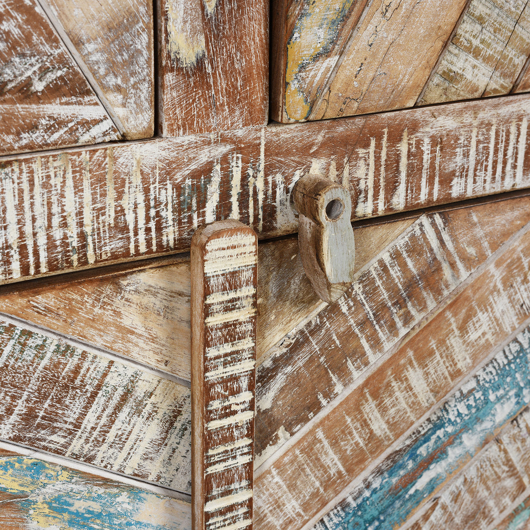 Latch Detail From Antique Reclaimed 3 Door Teak Sideboard With Original Paint | Indigo Antiques