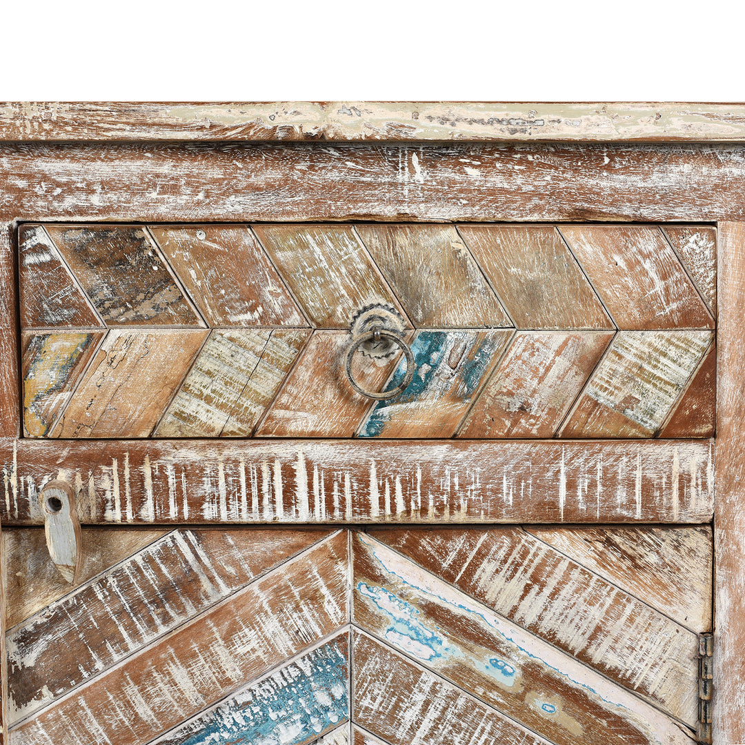 Drawer Detail From Antique Reclaimed 3 Door Teak Sideboard With Original Paint | Indigo Antiques