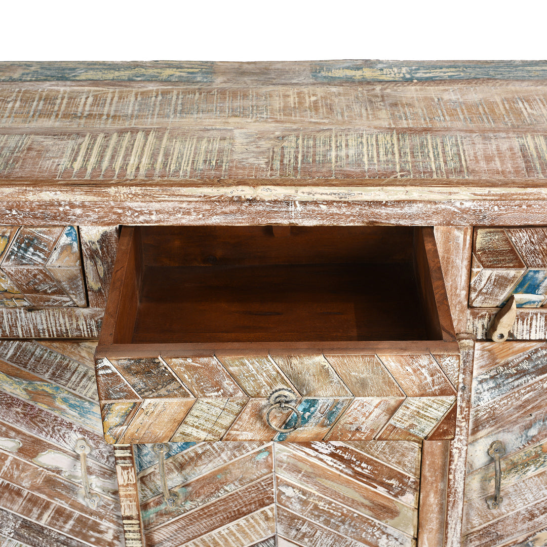 Open Drawer Detail From Antique Reclaimed 3 Door Teak Sideboard With Original Paint | Indigo Antiques