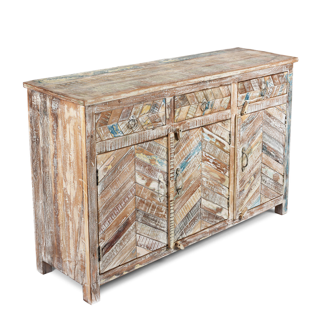 Angled View Of Antique Reclaimed 3 Door Teak Sideboard With Original Paint | Indigo Antiques