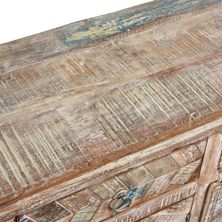 Surface Top Detail From Antique Reclaimed 3 Door Teak Sideboard With Original Paint | Indigo Antiques