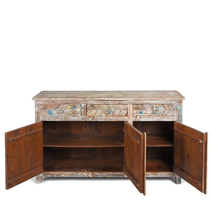 Open Doors View Of Antique Reclaimed 3 Door Teak Sideboard With Original Paint | Indigo Antiques