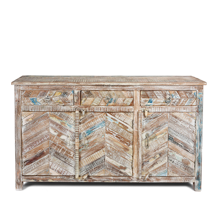 Antique Reclaimed 3 Door Teak Sideboard With Original Paint | Indigo Antiques