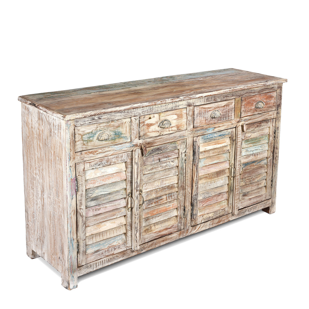 Angled View Of Painted Louvre Sideboard Made From Reclaimed Teak | Indigo Antiques