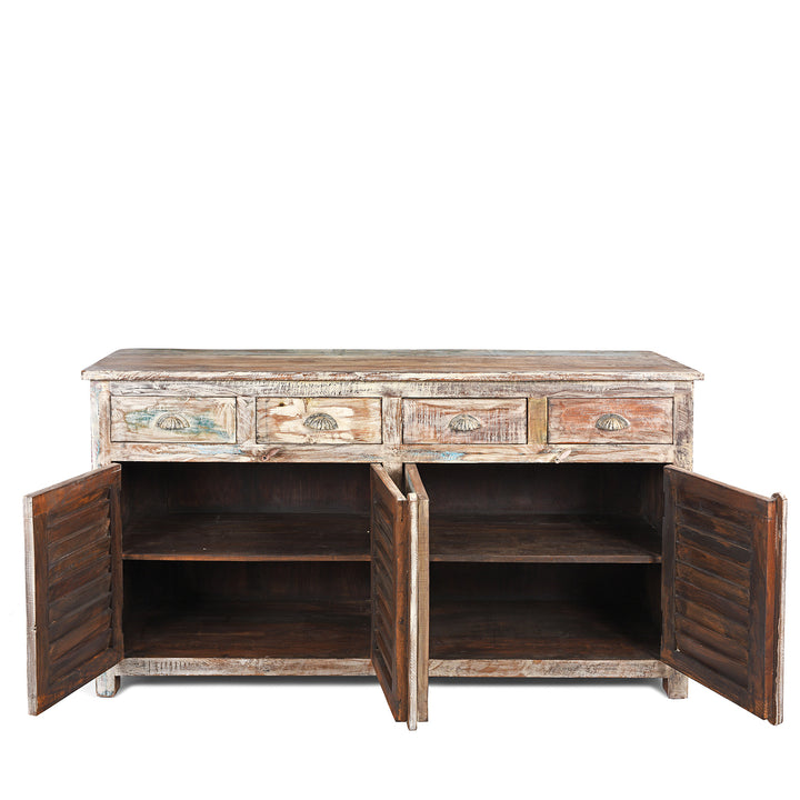 Interior Of Painted Louvre Sideboard Made From Reclaimed Teak | Indigo Antiques