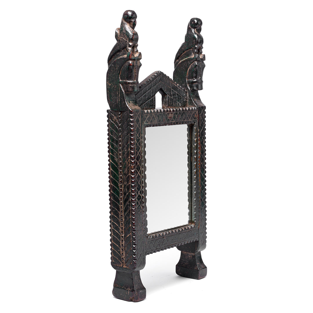 Angled View Of Antique Carved Teak Mirror From The Banswara Tribal Region - 19th Century | Indigo Antiques