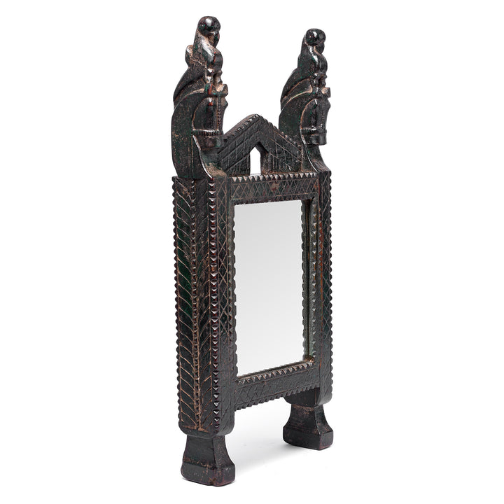 Angled View Of Antique Carved Teak Mirror From The Banswara Tribal Region - 19th Century | Indigo Antiques