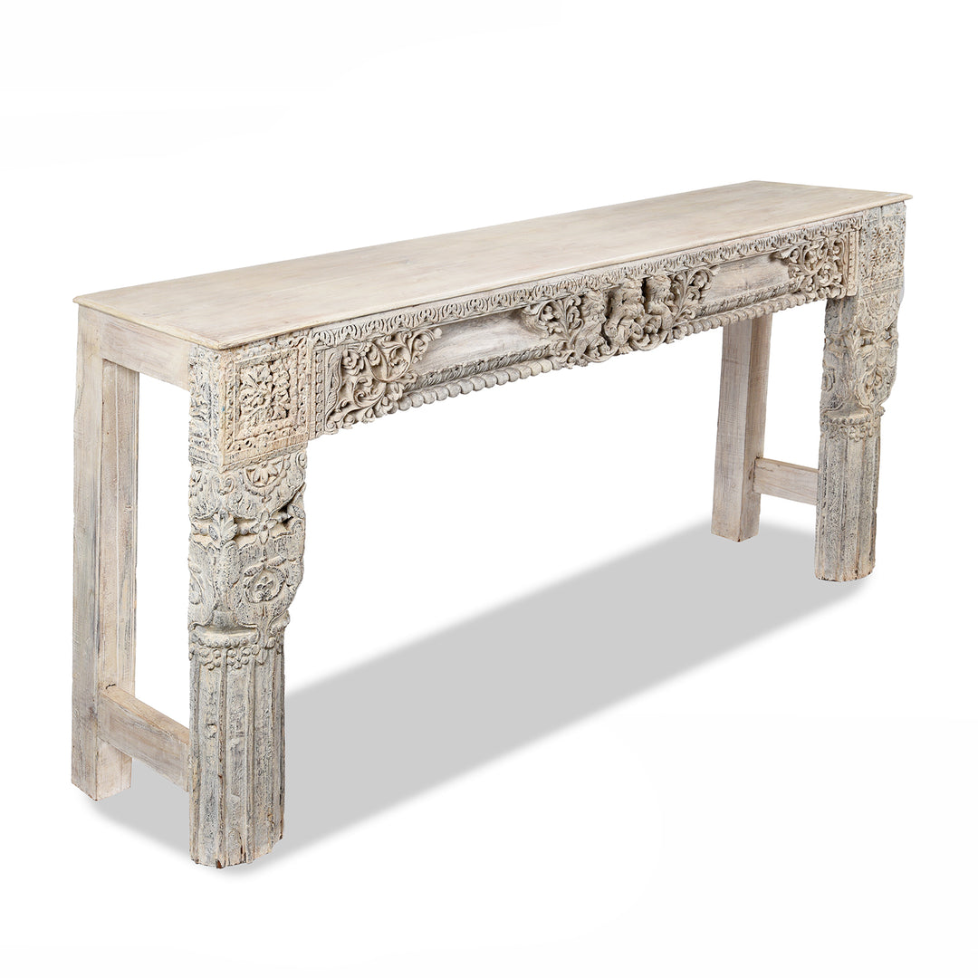 Angled View Of Painted Console Table Made From Reclaimed Teak | Indigo Antiques