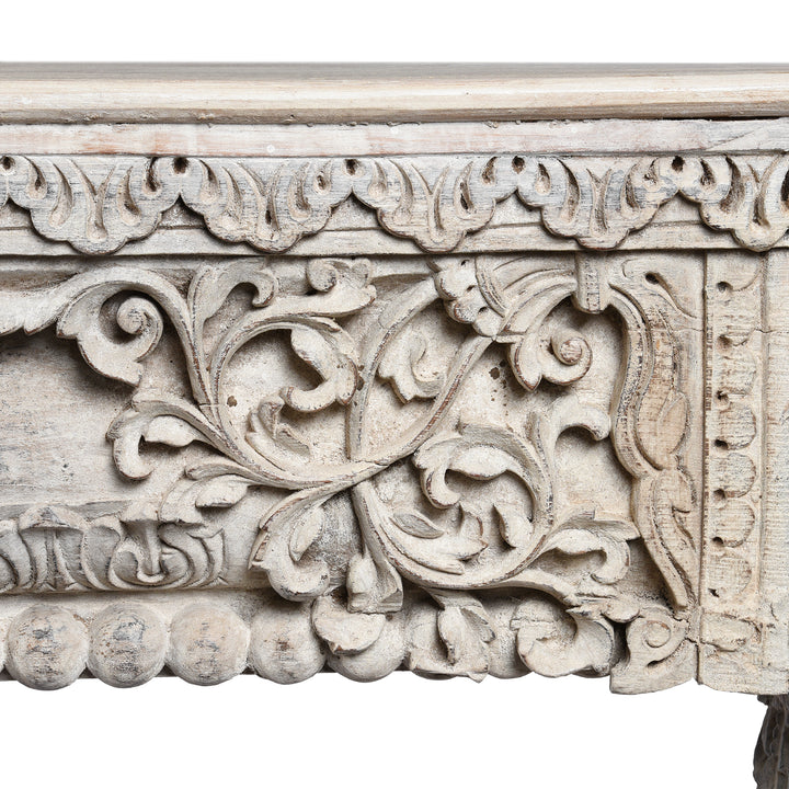 Carving Detail From Painted Console Table Made From Reclaimed Teak | Indigo Antiques