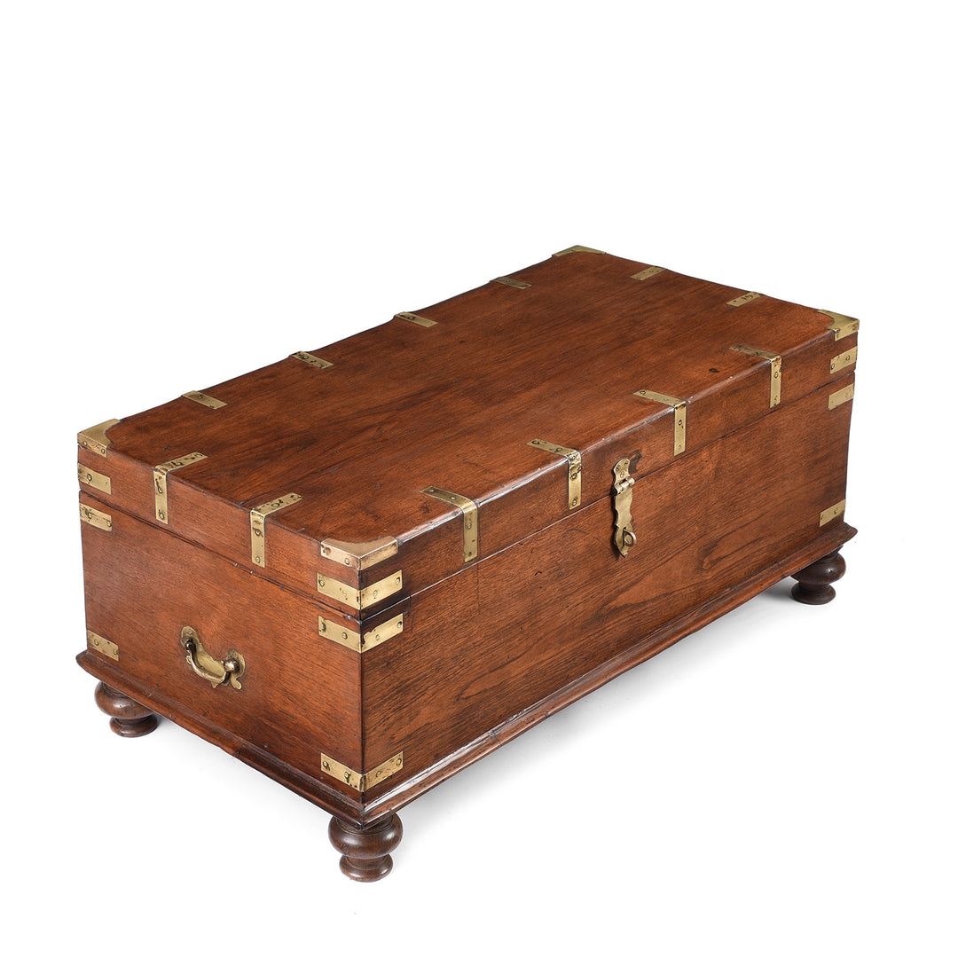Angled View Of Brass Bound Teak Indian Military Chest From Rajasthan -19th Century | Indigo Antiques] 