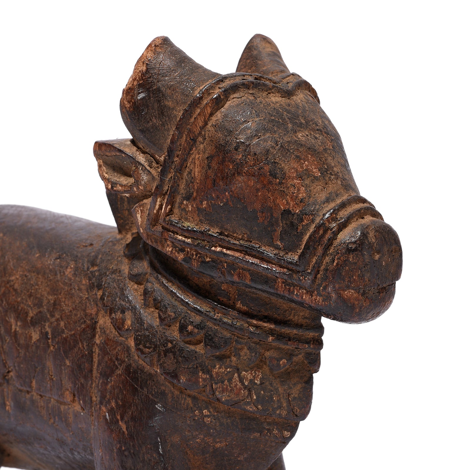 Face Detail From Antique Carved Teak Nandi Bull Figurine From Rajasthan - 19th Century | Indigo Antiques