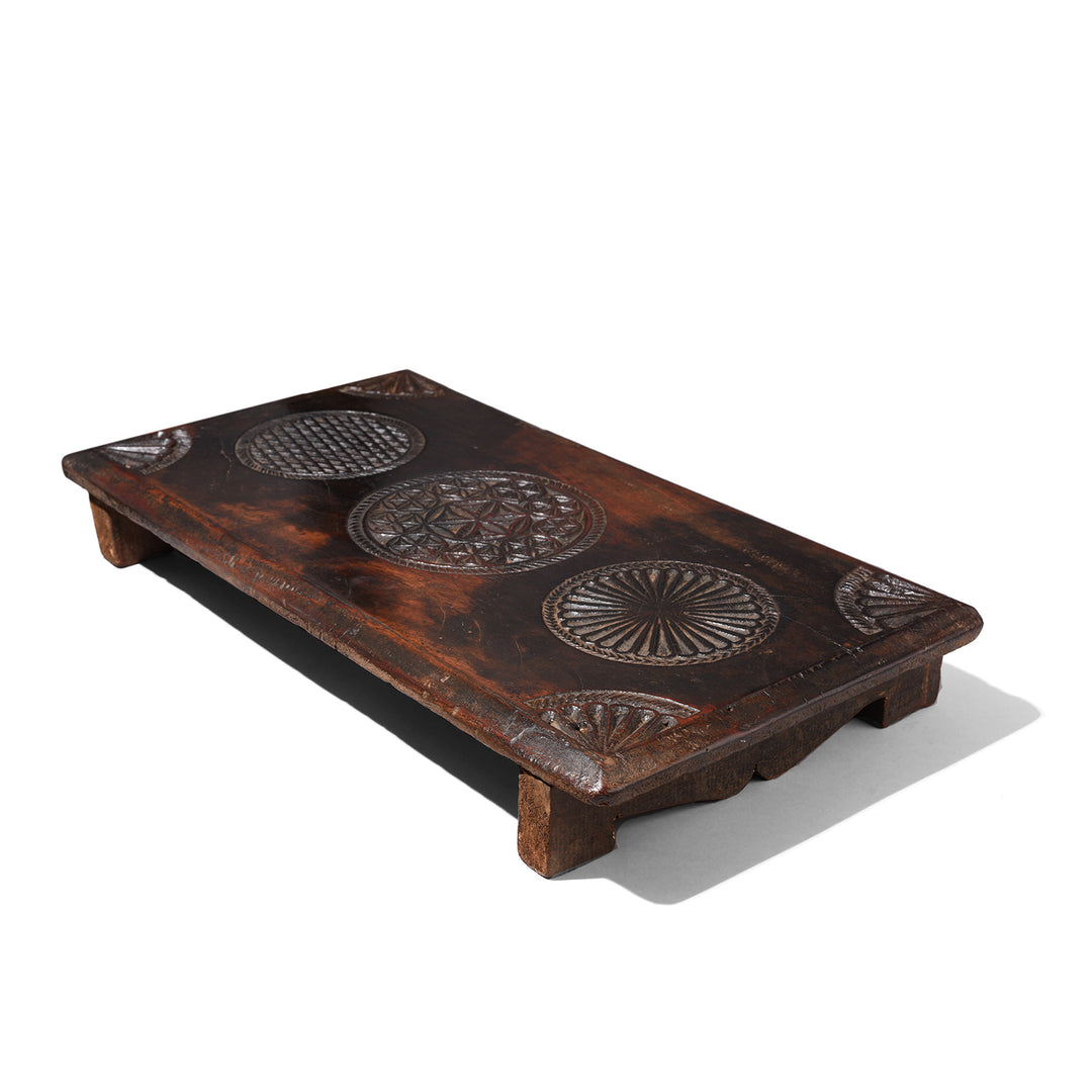 Antique Indian Chip Carved Puja Chowki (Pooja Chowki) From Kutch Made from Teak Wood And Incised with Lotus Symbols Indigo Antiques