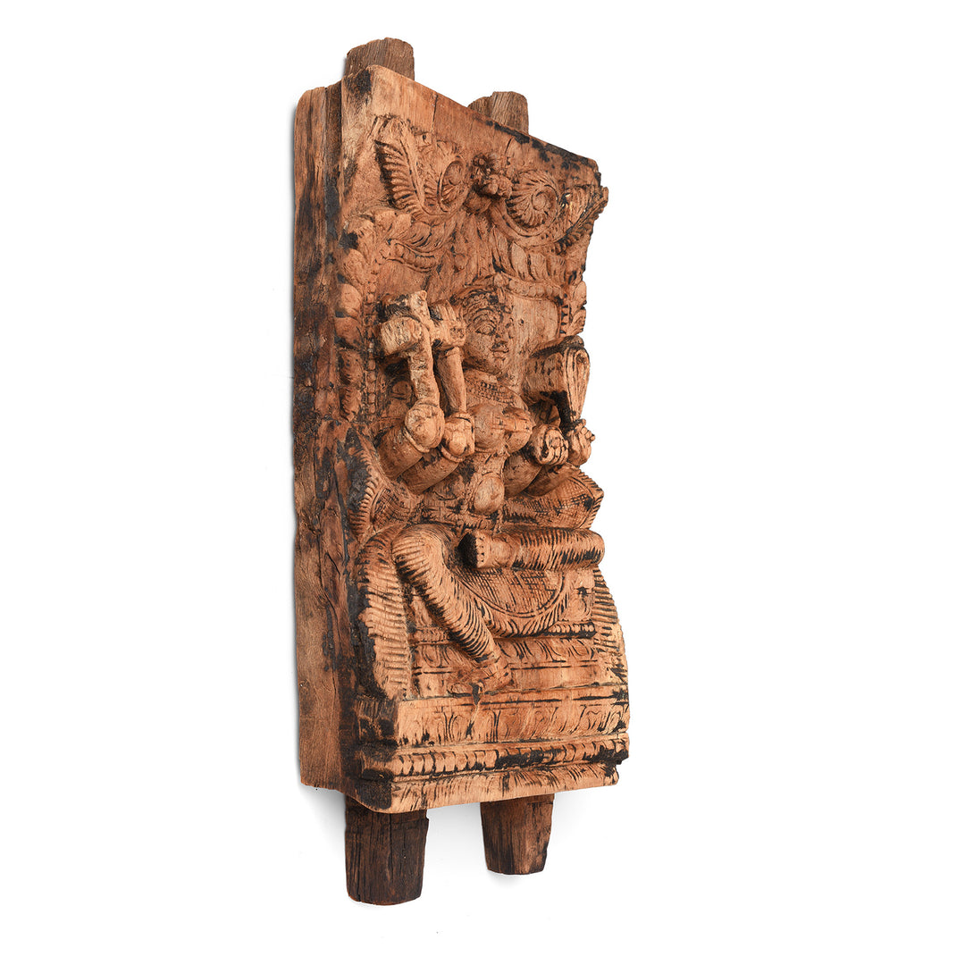 Angled View Of Antique Carved Teak Chariot Carving Of Parvati- 19th Century | Indigo Antiques