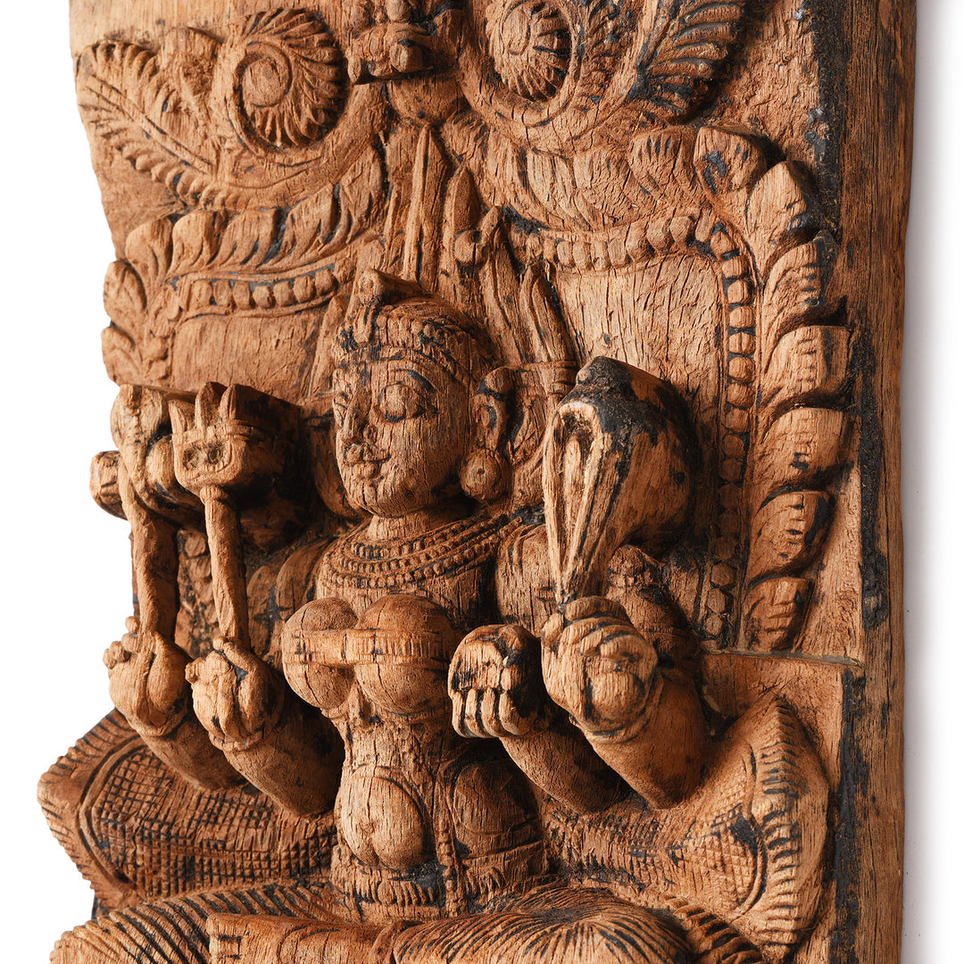 Angled Detail Of Antique Carved Teak Chariot Carving Of Parvati- 19th Century | Indigo Antiques