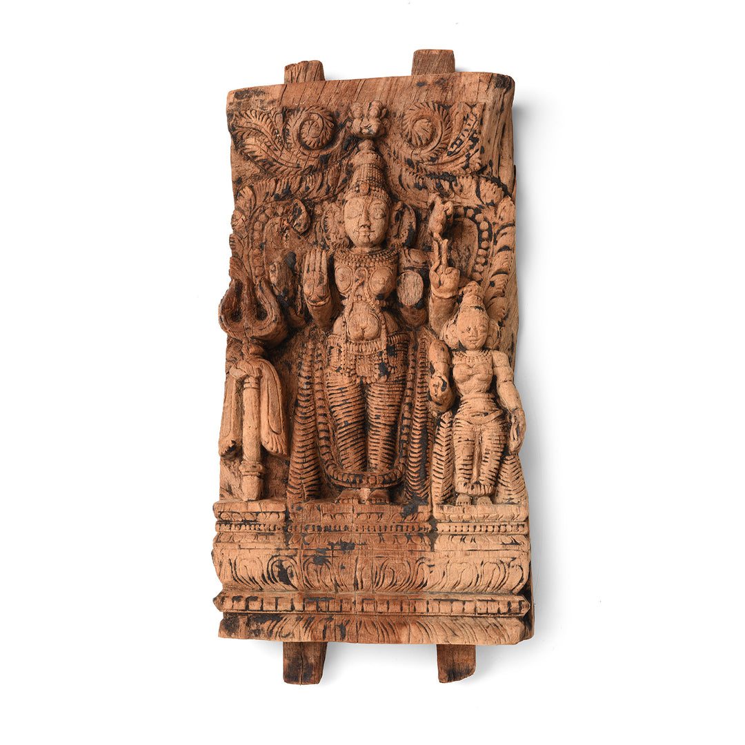Indian Teak Chariot Carving Of Shiva With a Trident & Parvati From Tamil Nadu - 18th Century