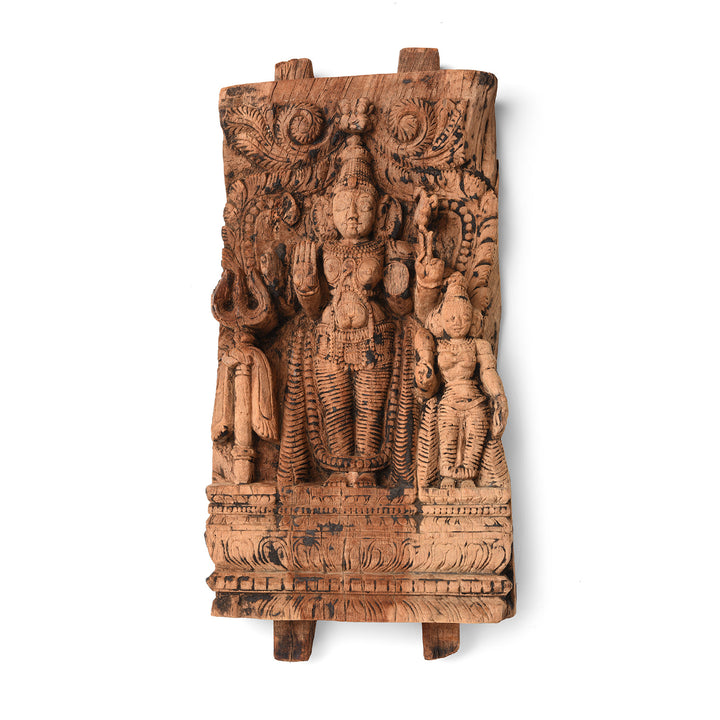 Indian Teak Chariot Carving Of Shiva With a Trident & Parvati From Tamil Nadu - 18th Century