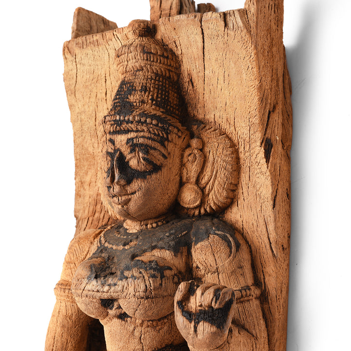 Angled Detail Of Antique Carved Teak Chariot Carving Of Laxmi - 19th Century | Indigo Antiques