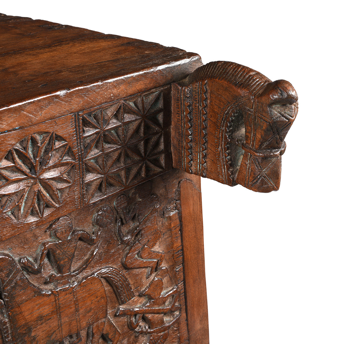 Horse Head Detail From Antique Indian Teak &quot;Damchiya&quot; Dowry Chest From Saurashtra - 19th Century | Indigo Antiques