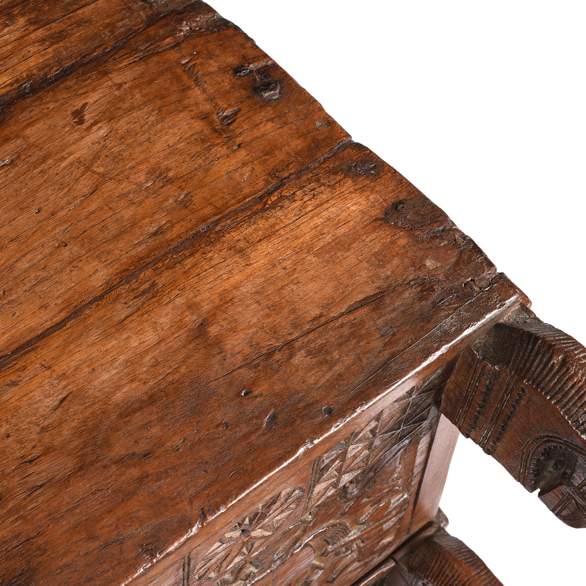 Top Detail From Antique Indian Teak &quot;Damchiya&quot; Dowry Chest From Saurashtra - 19th Century | Indigo Antiques
