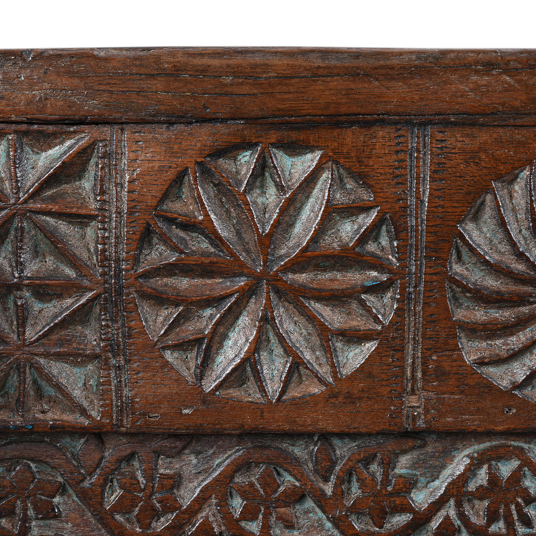 Carving Detail From Antique Indian Teak "Damchiya" Dowry Chest From Saurashtra - 19th Century | Indigo Antiques