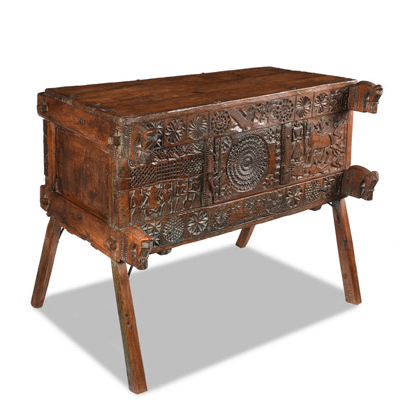 Carved Teak Majus Dowry Chest From Saurashtra - 19th Century