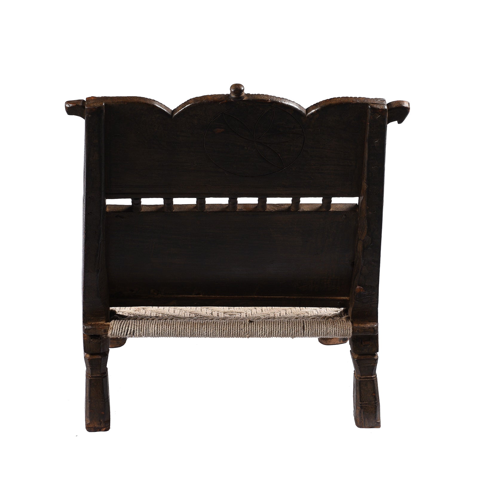 Back Of Antique Chip Carved Low Pidha Chair From Rajasthan - 19th Century | INDIGO ANTIQUES