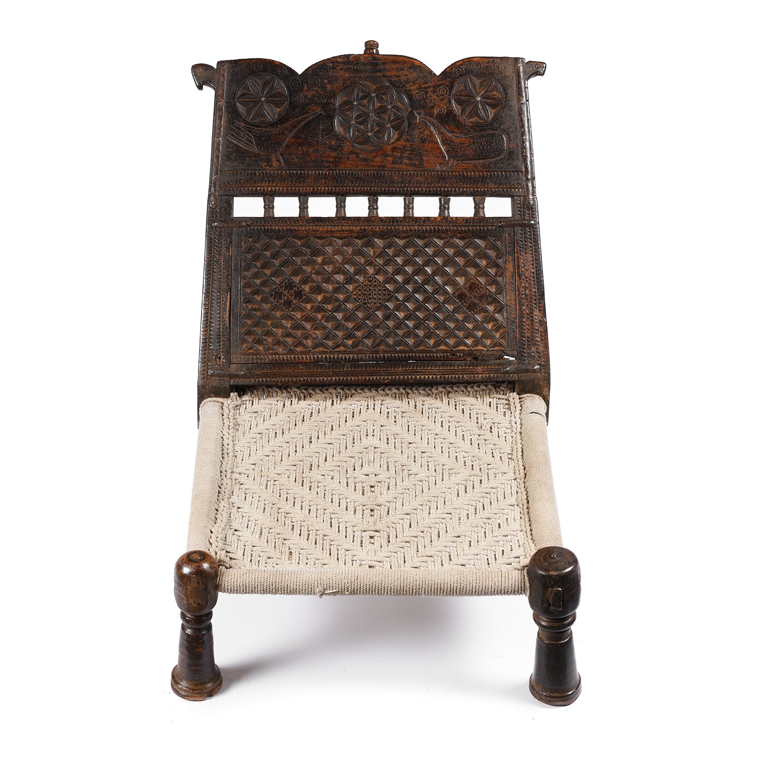 Antique Chip Carved Low Pidha Chair From Rajasthan - 19th Century | INDIGO ANTIQUES